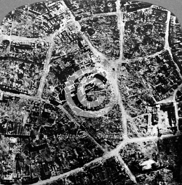 Aerial view of the ruins of the town and basilica of Albert, France, World War I, 1914-1918.Artist: Realistic Travels Publishers