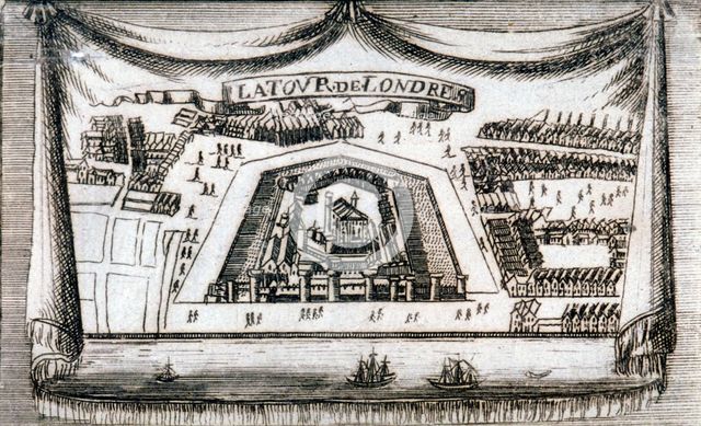 Aerial view of the Tower of London with boats on the River Thames, c1790. Artist: Anon