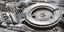 Aerial view of the train locomotives engine shed in Venissieux (Rhone), photograph, 1934