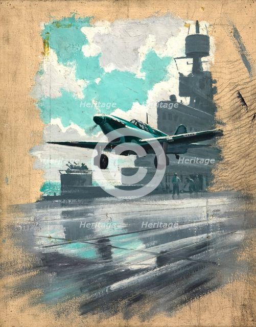 Aeroplane taking off from aircraft carrier, between 1939 and 1946. Creators: Unknown, Central Office of Information.