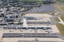 Aeroplanes at Terminals One and Two at Birmingham International Airport, West Midlands, 2018. Creator: Historic England
