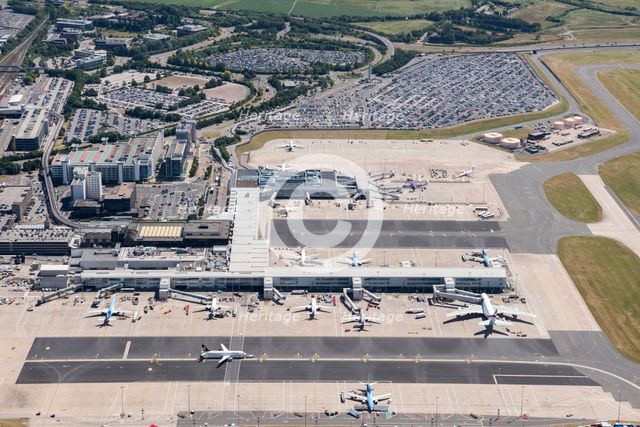 Aeroplanes at Terminals One and Two at Birmingham International Airport, West Midlands, 2018. Creator: Historic England.