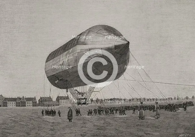 Aerostation flight test with an aluminum airship, held at Tempelhof, nr Berlin, on Nov 3 1897,1898.  Creator: Benigno Matute Parga.