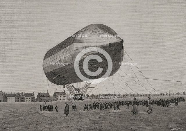 Aerostation flight test with an aluminum airship, held at Tempelhof, nr Berlin, on Nov 3 1897,1898.  Creator: Benigno Matute Parga.