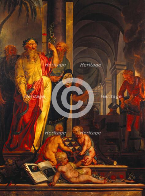 Aesculapius and other ancients are presented with exotic materia medica from the far east...1791. Creator: Johannes Prey.