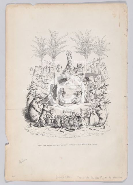 After accepting a glass of sweet water, the illustrious orator descends from the pl..., ca. 1837-47. Creator: Jean Ignace Isidore Gerard.