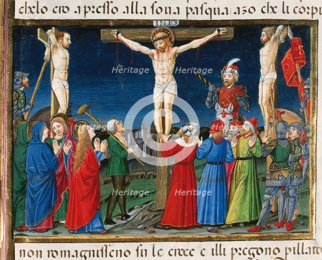 After speaking with Mary, Jesus dies while the sun eclipses, Italian miniature, 1476.  Creator: Cristoforo De Predis.