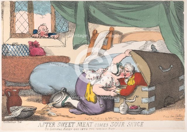 After Sweet Meat Comes Sour Sauce, or Corporal Casey Got into the Wrong Box, ..., November 30, 1810. Creator: Thomas Rowlandson.