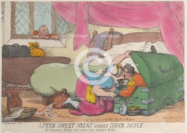 After Sweet Meat Comes Sour Sauce, or Corporal Casey Got into the Wrong Box, ..., November 30, 1810. Creator: Thomas Rowlandson.
