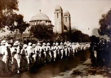 After the attack on Dakar, a funeral convoy passes the cathedral, September 1940. Creator: Unknown