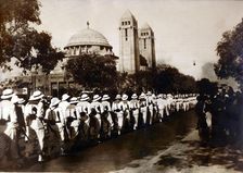 After the attack on Dakar, a funeral convoy passes the cathedral, September 1940