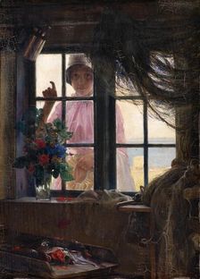After the Bath. A Young Girl Knocking at the Fisherman's Window, 1884. Creator: Carl Bloch