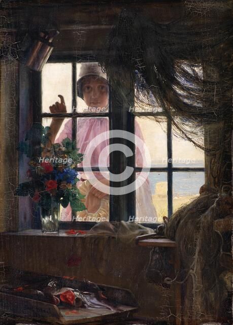 After the Bath. A Young Girl Knocking at the Fisherman's Window, 1884. Creator: Carl Bloch.