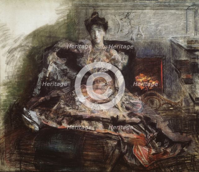 After the Concert. Portrait of N. Zabela-Vrubel at the fireplace in a dress designed by Vrubel, 1905. Artist: Vrubel, Mikhail Alexandrovich (1856-1910)
