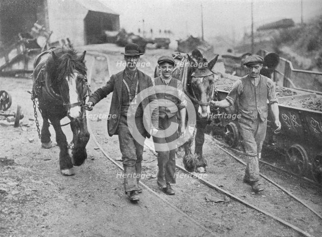 'After the settlement: Miners taking their ponies back to the pit', 1915. Artist: Unknown.