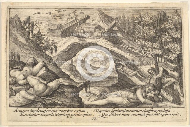 Aftermath of the Flood: human bodies strewn on dry land in the foreground, Noah's ark moor..., 1612. Creator: Crispijn de Passe I.