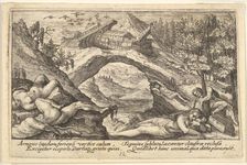 Aftermath of the Flood: human bodies strewn on dry land in the foreground, Noah's ark moor..., 1612. Creator: Crispijn de Passe I