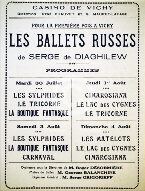 Affiche des Ballets russes du 30 juillet au 4 août 1929 à l'Opéra de Vichy, 1929. Creator: Historic Object.