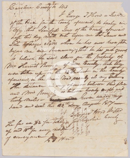 Affidavit of apprehension of James and John, property of Harriot Rouzee, August 23, 1817. Creator: Unknown.