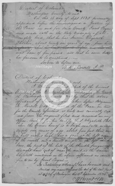 Affidavit certifying that Elizabeth Fletcher is a free woman, 1835-09-15. Creator: Unknown.