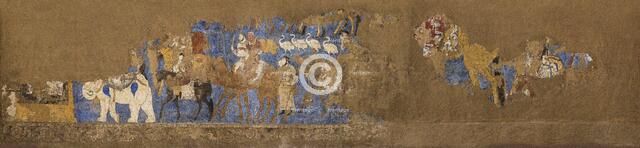 Afrasiab murals, South wall: Funeral procession led by King Varkhuman, Between 648 and 651. Creator: Sogdian Art.