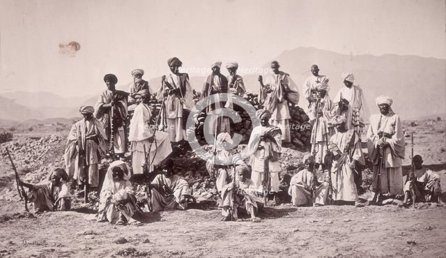 Afridi Picket near Jumrood, Khyber and Rotass in distance, c1879. Creator: John Burke.
