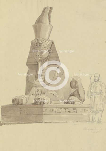 Agyptische Sphinx in Alexandria, daneben ein Ägypter in traditioneller Tracht, 1830. Creator: Friedrich Maximilian Hessemer.