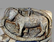 Agnus Dei sculptural relief, marble, c. 1160-1165, by the Master of Cabestany, from the monas…