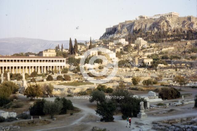 Agora, Stoa of Attalos and Acropolis, Athens, Evening, c20th century. Artist: Unknown.