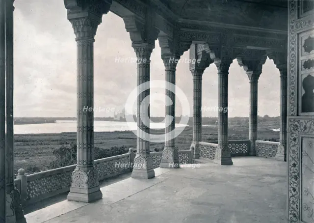 'Agra. Balcony of the Jasmine Tower, showing the Taj', c1910. Creator: Unknown.