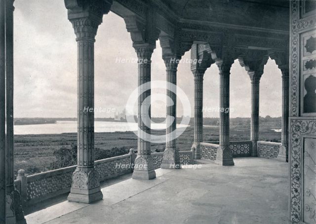 'Agra. Balcony of the Jasmine Tower, showing the Taj', c1910. Creator: Unknown.
