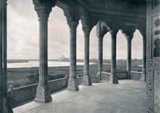 Agra. Balcony of the Jasmine Tower, showing the Taj c1910. Creator: Unknown