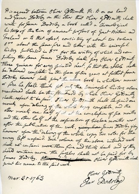 Agreement by Oliver Goldsmith to write for James Dodsley, 31st March 1763.Artist: Oliver Goldsmith