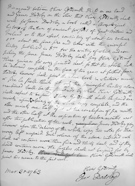 Agreement by Oliver Goldsmith to write for James Dodsley, 31st March 1763.', 1899. Artist: Oliver Goldsmith.