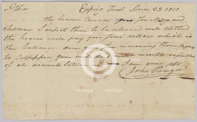 Agreement regarding hiring of enslaved woman Nelly and her children, December 22, 1810. Creator: Unknown.