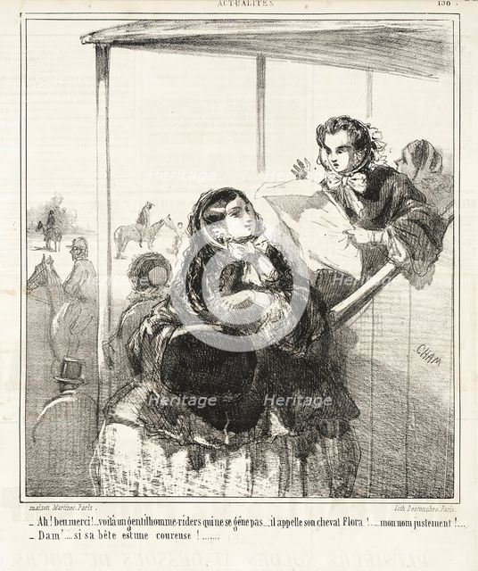 Ah! Bien merci! Voilà un gentilhomme -riders qui ne se gêne pas...il appelle son..., 1860. Creator: Cham.