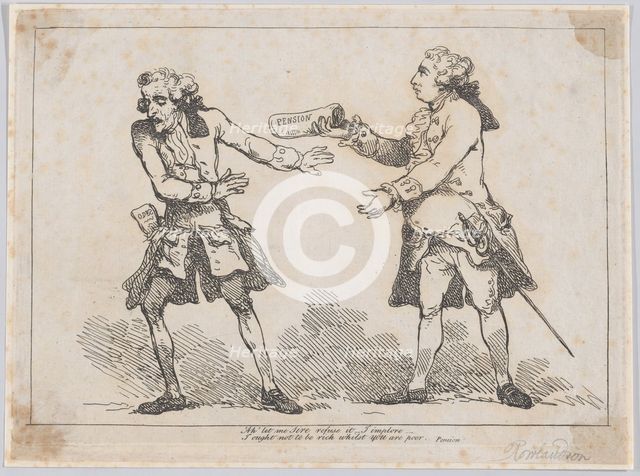 Ah' let me Sire refuse it..., from Peter's Pension by Peter Pindar, Esq., 1787., 1787. Creator: Thomas Rowlandson.