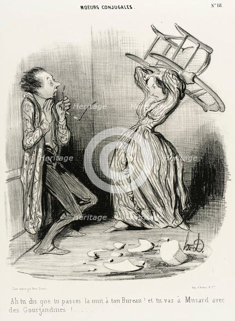 Ah! tu dis que tu passes la nuit à ton bureau..., 1840. Creator: Honore Daumier.
