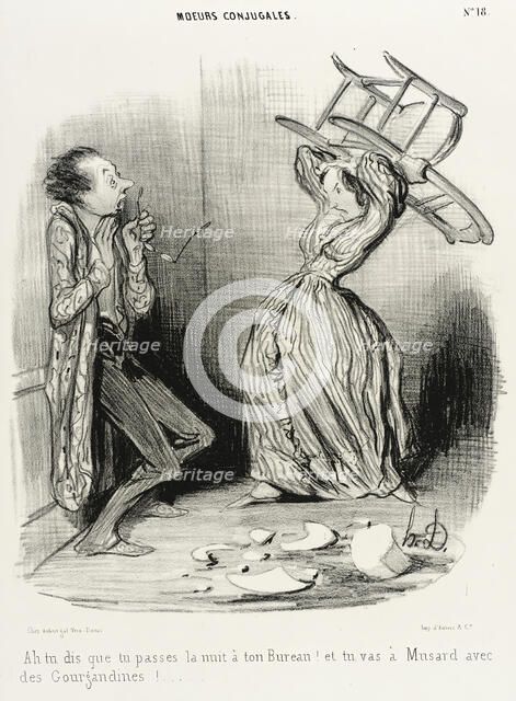 Ah! tu dis que tu passes la nuit à ton bureau..., 1840. Creator: Honore Daumier.