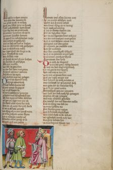 Ahimaaz Brings the Message to David; Weltchronik, about 1400-1410. Creator: Unknown