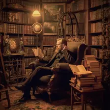 AI IMAGE - Bram Stoker reading in a Victorian library, 1890s, (2023). Creator: Heritage Images