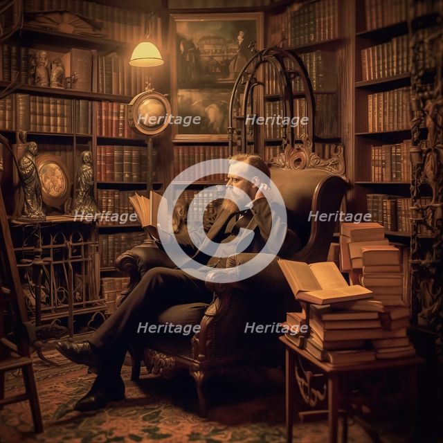 AI IMAGE - Bram Stoker reading in a Victorian library, 1890s, (2023). Creator: Heritage Images.