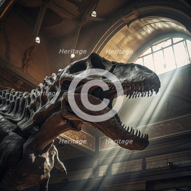 AI IMAGE - Fossilised remains of a Tyrannosaurus rex in a museum, 2023.  Creator: Heritage Images.