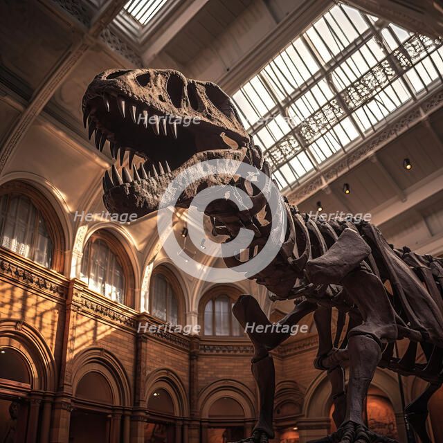 AI IMAGE - Fossilised remains of a Tyrannosaurus rex in a museum, 2023.  Creator: Heritage Images.