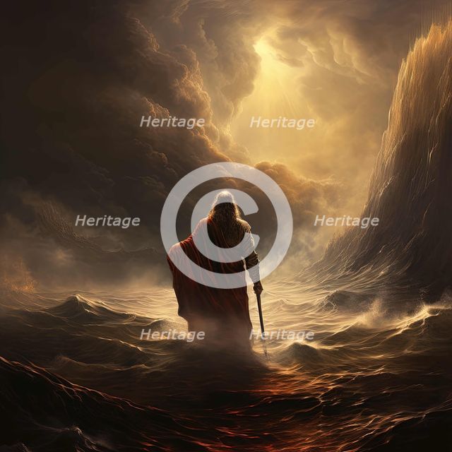AI IMAGE - Illustration of Moses parting the Red Sea, 2023. Creator: Heritage Images.