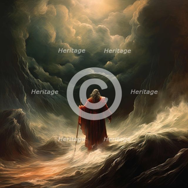 AI IMAGE - Illustration of Moses parting the Red Sea, 2023. Creator: Heritage Images.