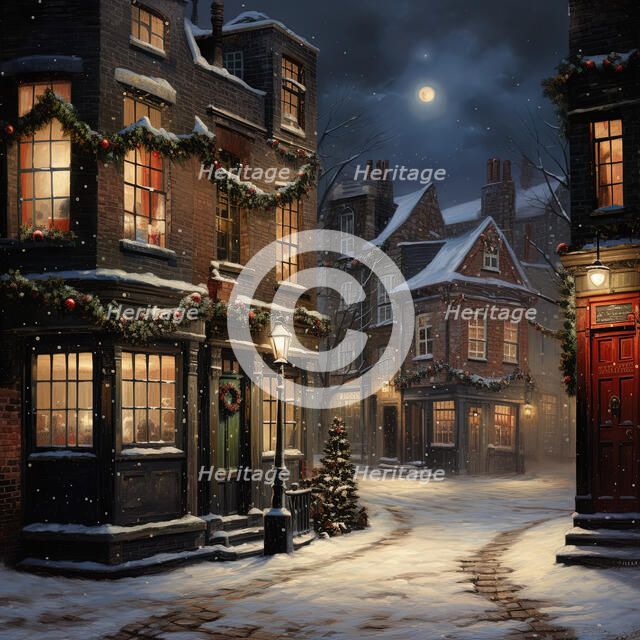 AI Image - Illustration of a Dickensian Christmas street scene, 2023. Creator: Heritage Images.