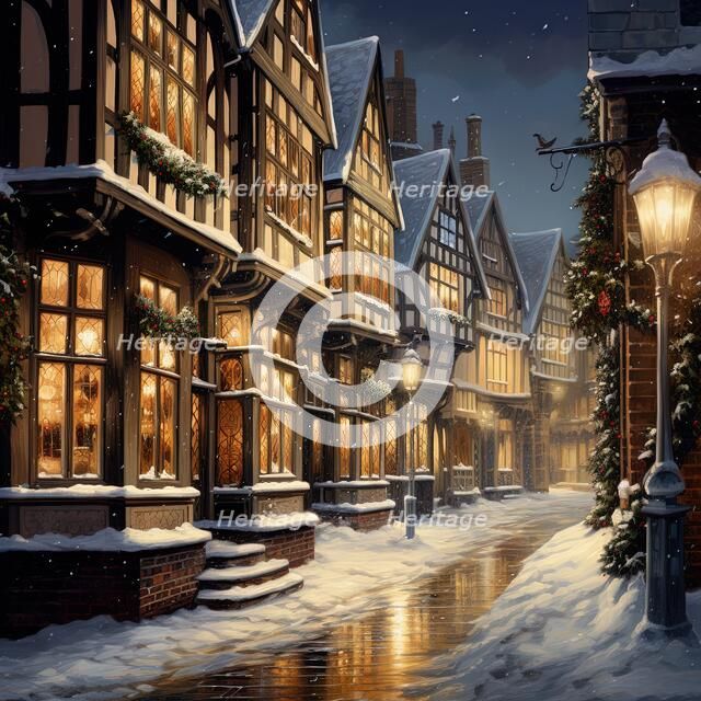 AI Image - Illustration of a Dickensian Christmas street scene, 2023. Creator: Heritage Images.