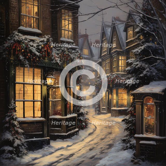 AI Image - Illustration of a Dickensian Christmas street scene, 2023. Creator: Heritage Images.