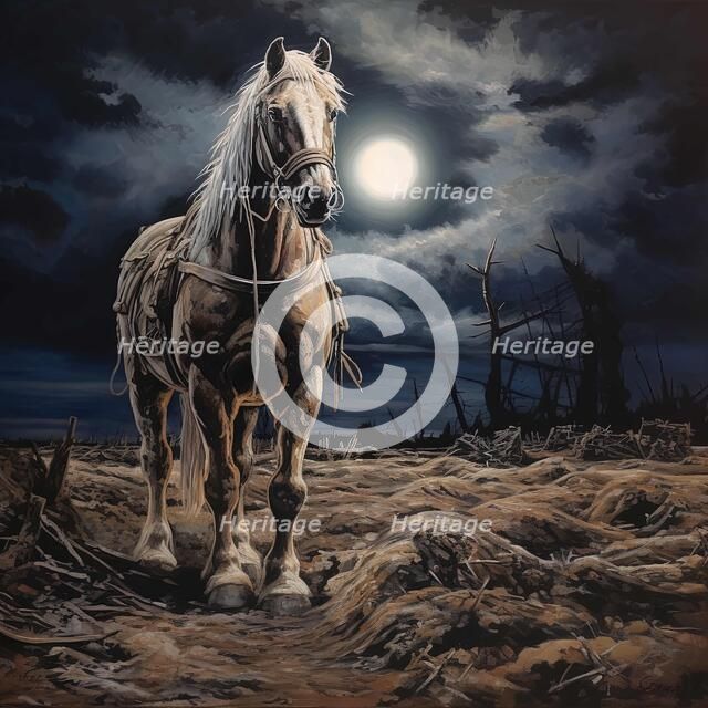 AI IMAGE - Illustration of a horse in a World War 1 battlefield setting, 2023. Creator: Heritage Images.